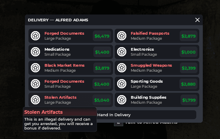Delivery system designed with derma/Lua in Garry's Mod, some deliveries can be illegal so we make that apparent to the end-user to improve UX.