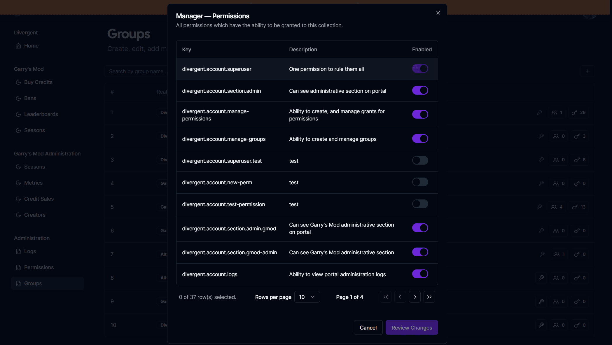 Modal popup to update a groups permission grants, these are dispatched to the game server in real time using Redis pub/sub.