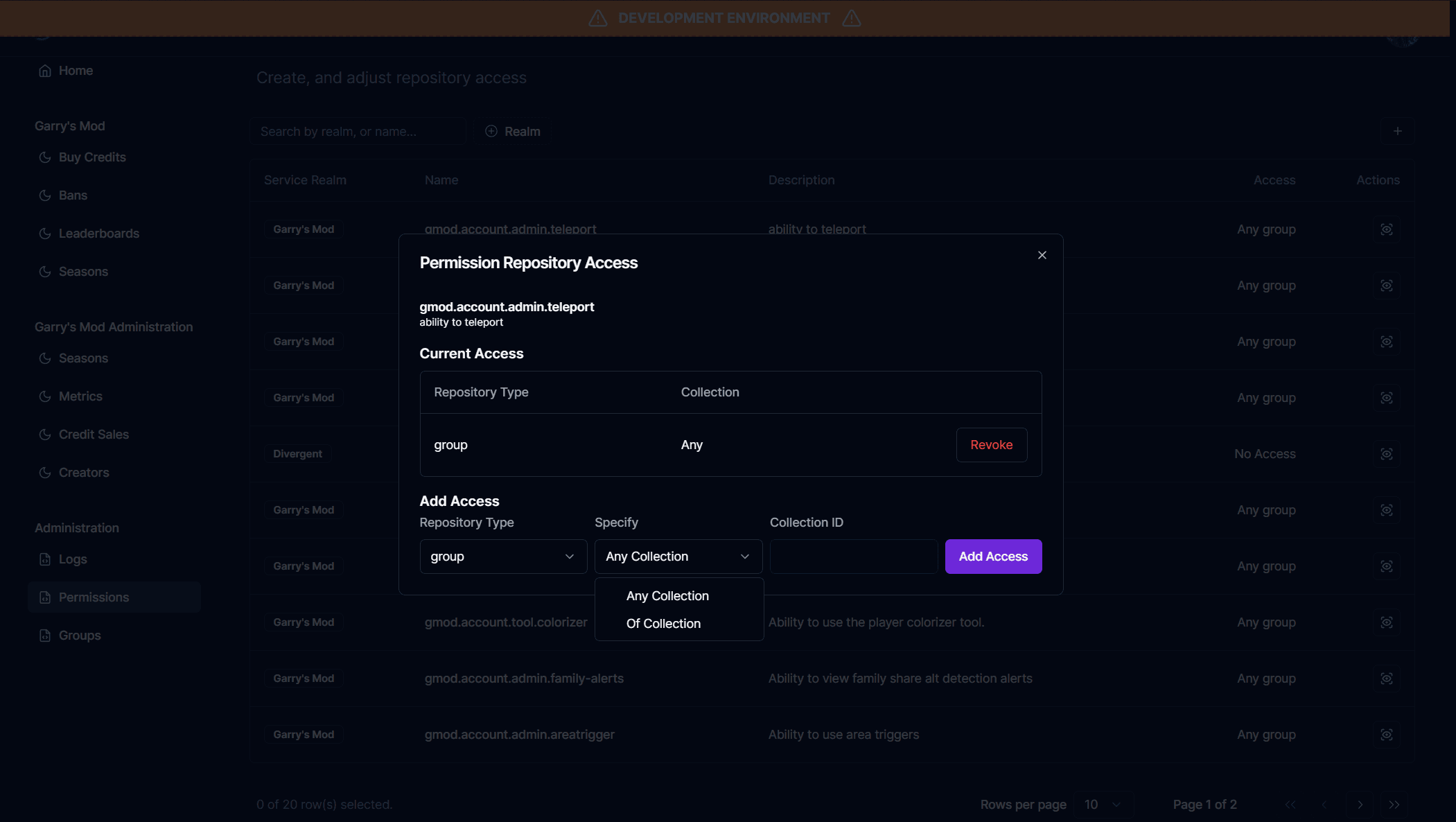 Modal popup to update a permissions repository access, can be any collection or specific collections.