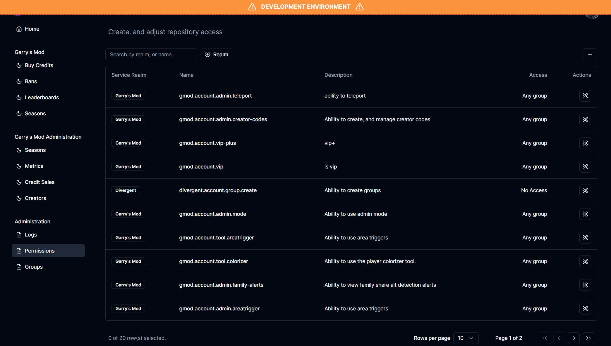 A table containing all currently created permissions and their residing realms, ability to change their collection access/grants.